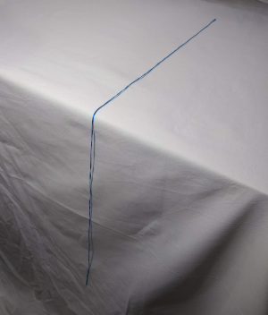 hilo azul sobre una tela blanca